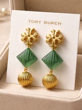 Tory Burch Green Resin and Gold Triple-Drop Earrings